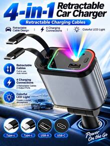 4-In-1 Retractable Car Charger With 2 Type-C Charging Cables USB-C & USB-A Output Ports Colorful LED Light Multi-Device Charging Adapter For Car SUV Truck Road Trip Travel Commuting Vehicle Interior Accessories - Type-c In Type-c - View 2