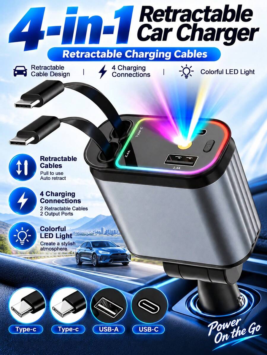 4-In-1 Retractable Car Charger With 2 Type-C Charging Cables USB-C & USB-A Output Ports Colorful LED Light Multi-Device Charging Adapter For Car SUV Truck Road Trip Travel Commuting Vehicle Interior Accessories