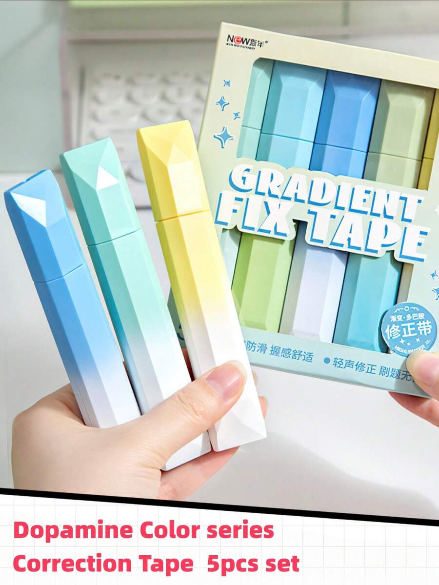 5pcs Dopamine Color Pen Shaped Correction Tapes, Unique Prism Design Smooth White Out Tape For Correcting Fix, Office Supplies, Back To School Gift - Multi Colors - View 1