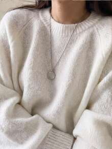 Women's Plus Size Cream Round Neck Ribbed Drop Shoulder Long Sleeve Knit Sweater, Comfortable Casual Y2K Fashion Style, Suitable For Halloween, Christmas, New Year, Autumn/Winter Season - White - View 9