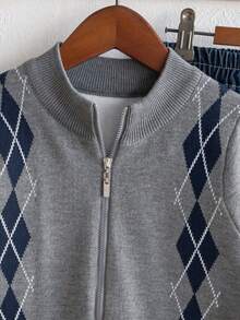 Boys' College Style Colorblock Plaid Cardigan Sweater, Suitable For School Daily Wear In Spring, Autumn And Winter - Grey - View 6