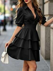 DONICY Women's Elegant Black Shirt Dress, Puff Sleeves With Layered Ruffles, French Style Suitable For Dating And Work - Black - View 7