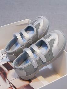 1 Pair Girls Contrast Mesh Mary Jane Sneakers, Double Hook & Loop Adjustable, Closed Toe Anti-Collision Soft Sole Non-Slip Casual Kids Shoes - Silver - View 1