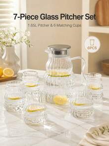 7Pcs/1pc Glass Pitcher Set, Glass Water Pitcher With 6 Cups Set,Clear Glass Water Jug & Drinking Cups, Heat Resistant Beverage Carafe For Juice, Lemonade,Kitchen Drinkware,Iced Tea Lemonade Carafe For Home Kitchen - Multicolor - View 5