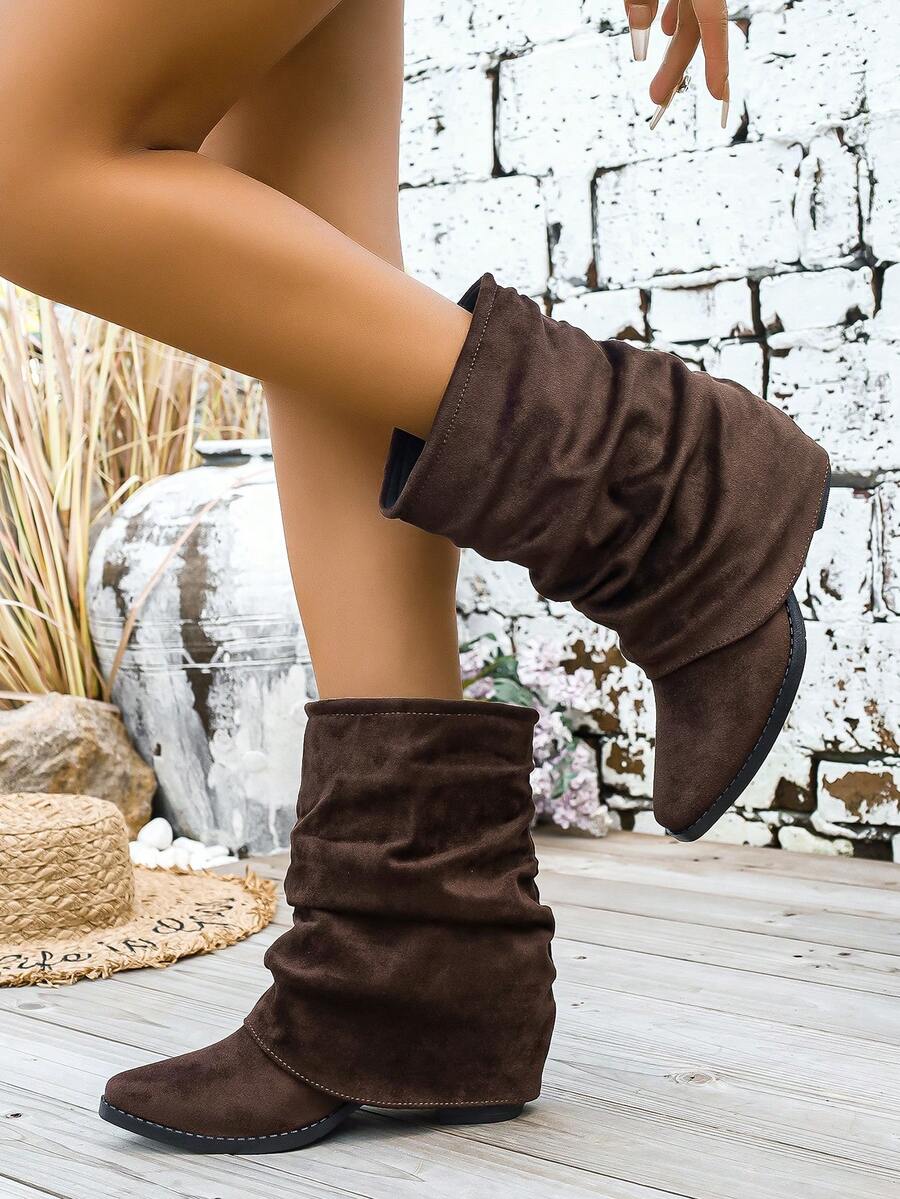 WTKMRSSTEP Vintage Ruched Stacked Boots Women Pointed Toe Low Heel Mid-Calf Boots Minimalist Solid Color Autumn Winter Commute Shaft Shoes - Brown - View 1