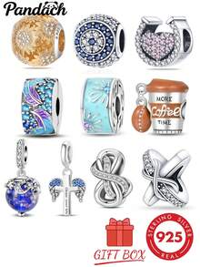 1pc S925 Sterling Silver Multi-Style Hollow Bead, Sunflower, Starry Sky Glass, Coffee Cup, Angel Cross, Infinity Symbol Rhinestone Studded, Colorful Enamel Zirconia Craft, Comes With Gift Box, Compatible With Bracelet Necklace, Handmade DIY Jewelry, Daily Versatile Luxury Gift Accessory - Multicolor - View 12