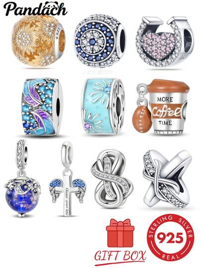 1 pieza Cuenta hueca de plata de ley S925 de varios estilos, girasol, cielo estrellado de vidrio, taza de café, cruz de ángel, símbolo de infinito con strass, artesanía de esmalte colorido y circonita, viene con caja de regalo, compatible con pulsera y collar, joyería hecha a mano DIY, accesorio de regalo de lujo versátil para uso diario