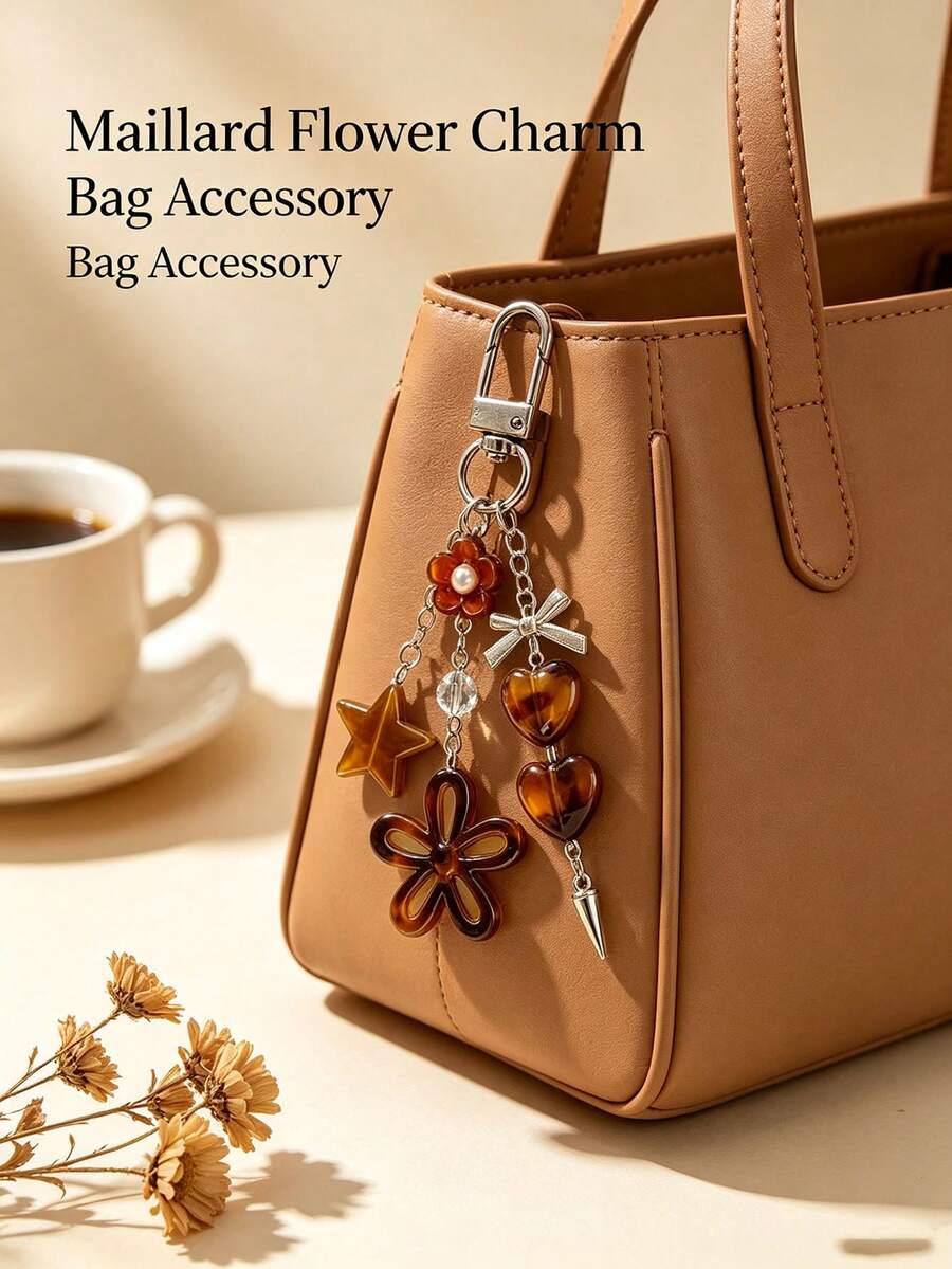 Vintage Y2k Bag Charm Keychain, Tortoiseshell Flower Heart Star Butterfly Tassel Retro Brown Bag Pendant,Backpack Car Key Accessory Decor Gift - Multicolor - View 1