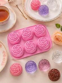 6-Cavity Rose Silicone Baking Mold, 3D Flower Cake Mold For Chocolate, Mousse, Jelly, Pudding, Candy, Mini Cakes And Desserts, DIY Home Baking Tool For Birthday Parties, Afternoon Tea And Special Occasions - Multicolor - View 3