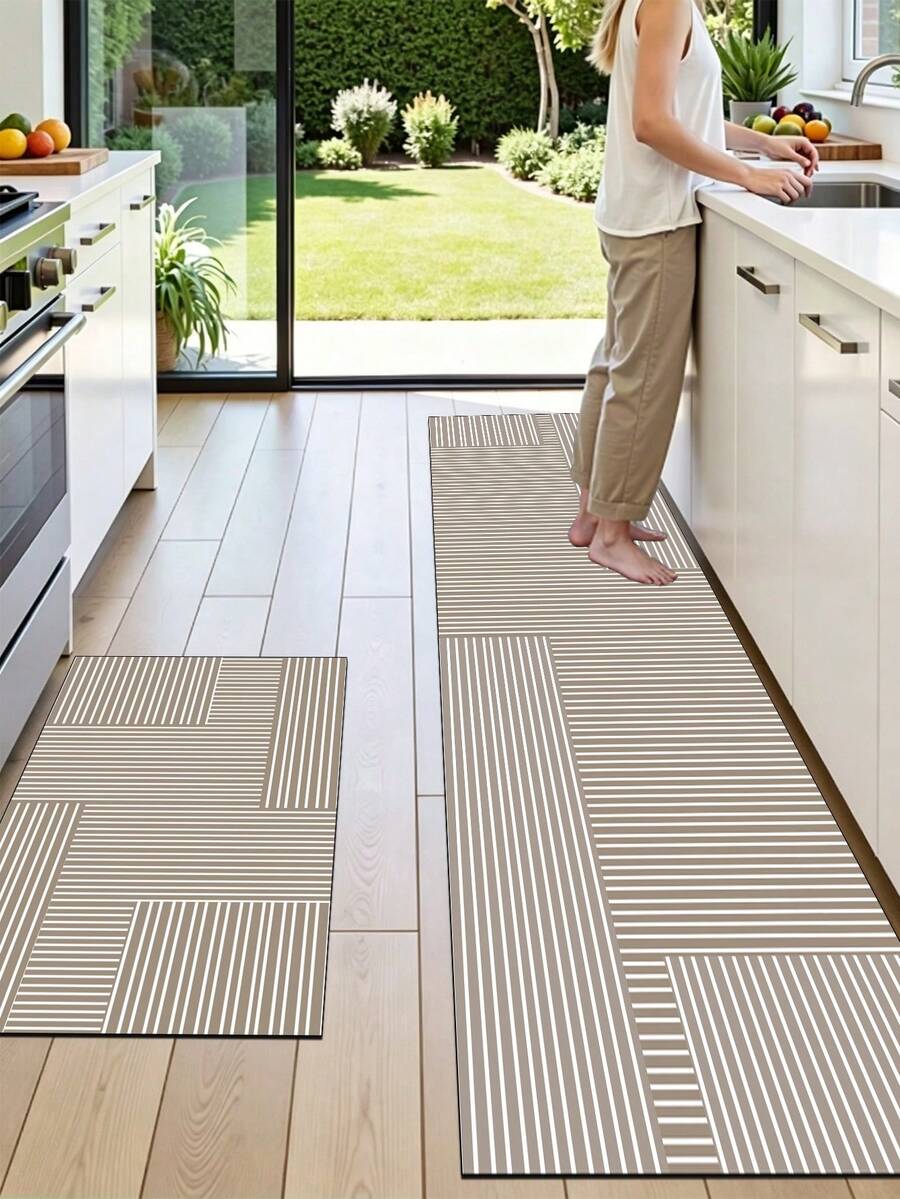 SANJIANGDI 1pc Light Brown Kitchen Mat With White Line Pattern, 3.5mm Soft Rubber Material, Absorbent And Easy To Clean. Suitable For Hallway, Bathroom, Living Room, Outdoor Door Mat And Toilet. All Year Round Use, Suitable For Various Holidays. - Multicolor - View 1