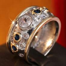 Women's Wide Band Unique Ring, Inlaid With Alternating Blue And White Synthetic Zirconia, Vintage Atmosphere Jewelry, Suitable For Casual Travel, Party, Versatile Style - Two-color - View 8