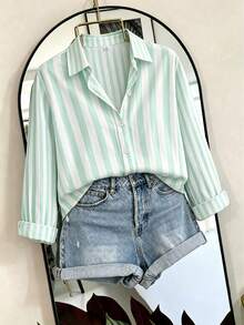 Plus Size Women's Striped Shirt, Long Sleeve Collared Button-Down Blouse, Suitable For Daily Wear - Light Green - View 2