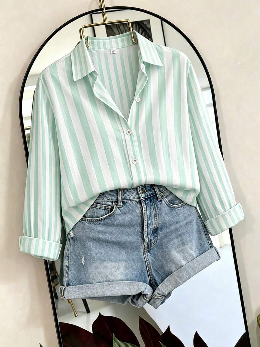 Plus Size Women's Striped Shirt, Long Sleeve Collared Button-Down Blouse, Suitable For Daily Wear - Light Green - View 1