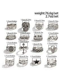 16pcs/Set Vintage Punk Gothic Style Multi-Element Combination Ring Set, Metal Skull Cross Decor Rings, Men's Rock Street Fashion Accessories - Antique Silver - View 5