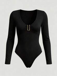 Women's Long Sleeve Solid Color Metal Decor Fashion Bodysuit, Slim Fit V-Neck, Suitable For Daily Wear, Shopping, Dating Black - Black - View 8