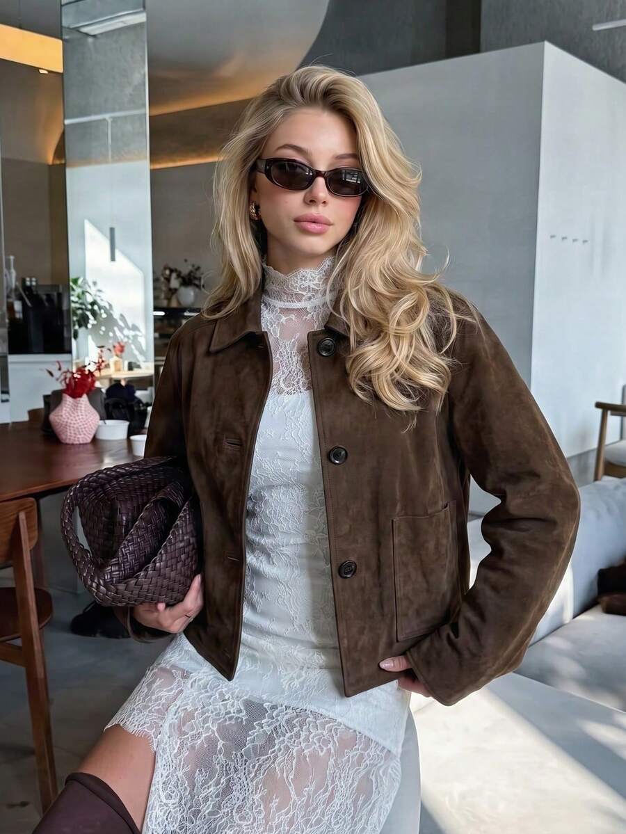 Jaket Kardigan Pendek Wanita Gaya Vintage Y2K Bahan Suede Imitasi dengan Kerah dan Kancing Satu Baris - Coklat - View 1