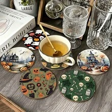 6入巫師南瓜杯墊，趣味卡通圖案耐熱杯墊，萬聖節桌面裝飾，萬聖節節日禮物 - PET杯墊-2764 - 查看 4