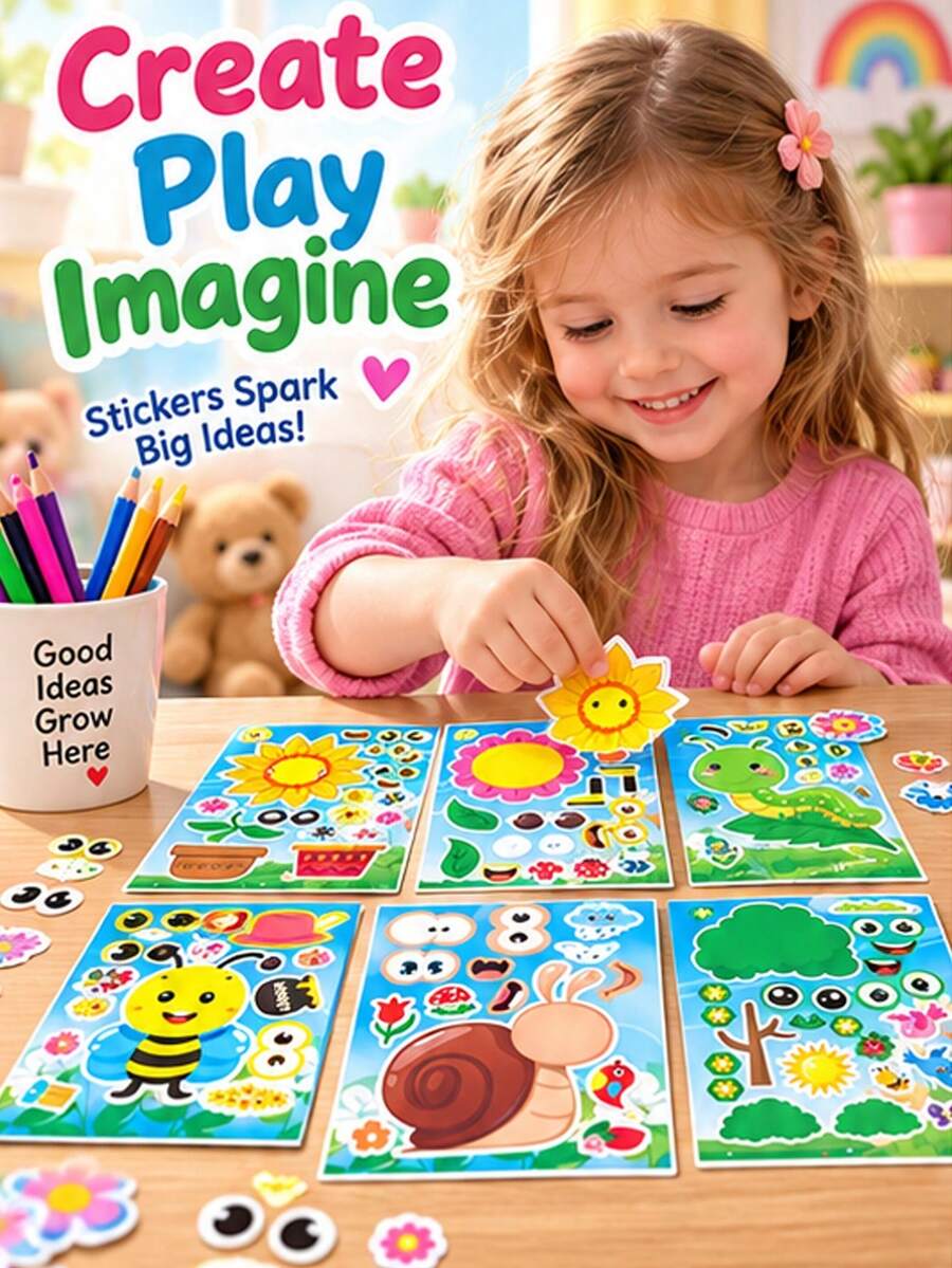 8 Sheets Make A Face Stickers, Kids DIY Puzzle Face Stickers, Parent-Child Interactive Educational Stickers, Cartoon Insect Sunflower Snail Bee Caterpillar Butterfly Flower Tree Mix And Match Craft Stickers For Party Favors Classroom Art Activities - Multicolor - View 1