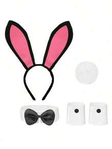 Halloween 5pcs/Set Black/White/Pink/Magenta/Black-Pink Rabbit Ear Headband & Bowknot & Rabbit Tail Decoration Set, Bunny Party Decoration Set, Holiday Party Decoration Set, Photo Decoration Set, Suitable For Halloween, Holiday Party, Bunny Party, Photo Decoration Props - Multicolor - View 14