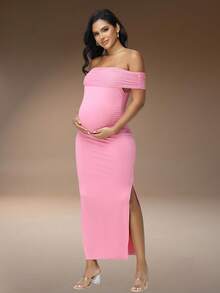 JustVH Maternity Off-Shoulder Mesh Elegant Summer Sleeveless Dress, Suitable For Baby Shower Photography Fall - Baby Pink - View 4