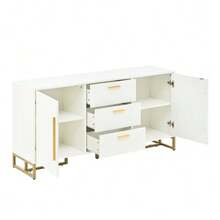 Elegant White Buffet With  Pattern, 2 Doors And 3 Drawers For Dining Room, Kitchen And Living Room (White) - White - View 6