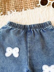 1pc Baby Girl Sweet Bow Applique Blue Frayed Hem Long Pants, Casual Vacation Autumn Style - Light Wash - View 4