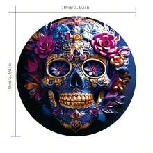 Halloween Wooden Round Coasters, Colorful Candy Skull & Floral Pattern Heat-Resistant Pads, Suitable For Home Kitchen Dining Table Party, Winter Holiday, Protect Desktop Decor, Halloween Decoration Gift - Coaster LDX2752 - View 5
