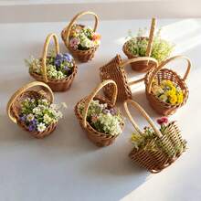 1pc/2pcs/5pcs/10pcs Mini Faux Wicker Portable Bamboo Basket, Perfect For Creating Forest Atmosphere, Suitable For Various Scenes Decoration. Delicate And Realistic Texture, Conveying Natural Rustic Pastoral Charm. Compact Round Shape With Portable Handle, Cute And Lively. Can Hold Dried Flowers, Succulents Or Small Potted Plants, Instantly Enhancing Desktop Or Windowsill Fresh Style - A - View 16