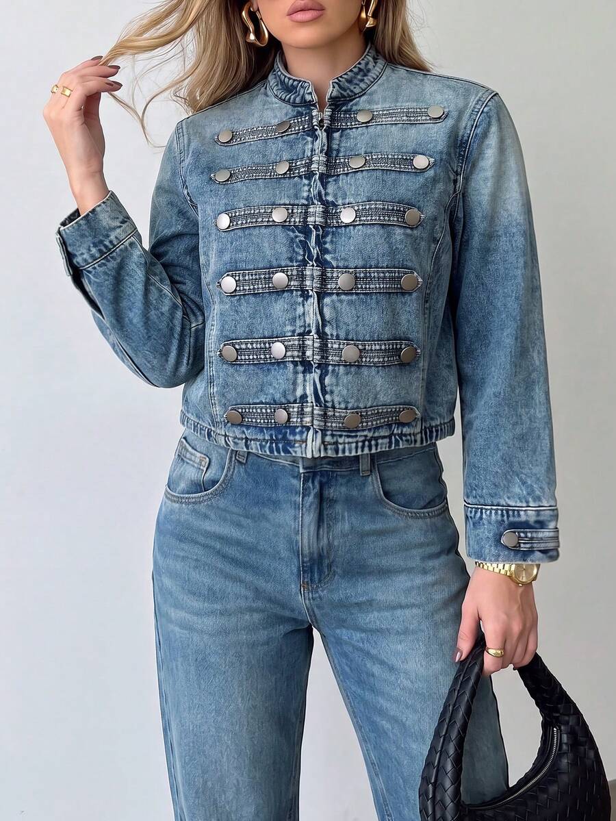 Women's Fashion Vintage Denim Jacket, Long Sleeve Stand Collar Short Coat With Zipper And Decorative Buttons - Light Wash - View 1