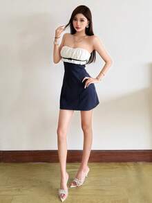 Top Dazzle Casual Pinstripe Tube Top Mini Dress With Ruffled Bustier And Backless Detail For A Chic And Flirty Look - Blue - View 10