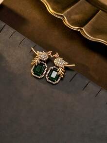 Court-Style Green Gemstone Inlaid Bird-Shaped Full-Paved Design Pendant Necklace Or Earrings, Everyday Party Women's Accessory Gift - Earring - View 6