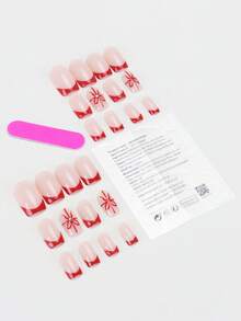 24pieces Press On Nails, Medium Square Nails, Christmas Fake Nails With Red French Tip, Red Bow And Rhinestone Decor, Glossy Reusable Nails, Nail Supplies Kit With Jelly Glue And Nail File For Women Holiday Manicure - Multicolor - View 3