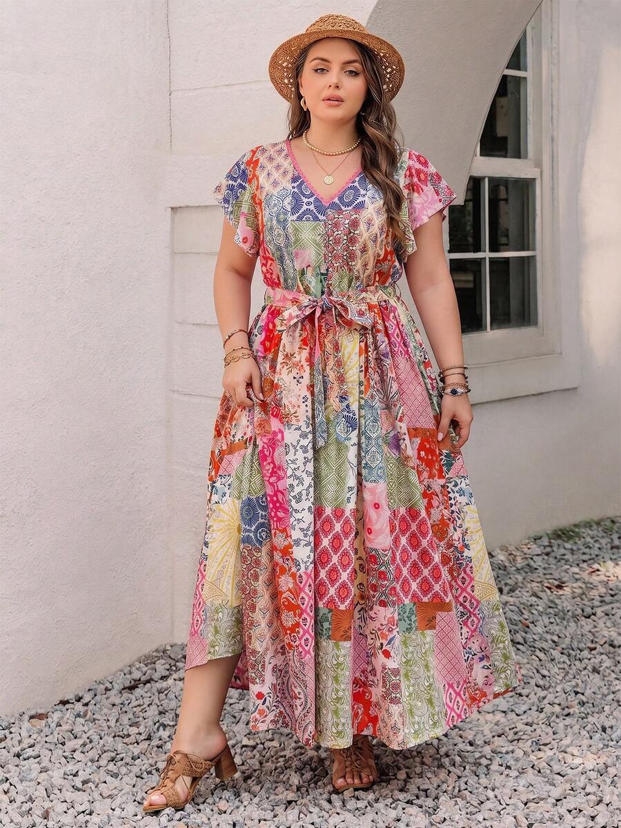 Rusttydustty Bohemian Style Pink Floral V-Neck Ruffle Sleeve Elegant Casual Dress, Suitable For Autumn/Winter Summer - Multicolor - View 1