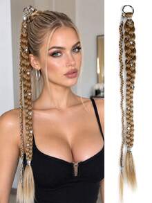Women Black Decorative Braid Hair Extension, Long Braided Hairpiece With Star Ornaments, Easy Clip-In Design For Cosplay And Daily Hairstyle - Multicolor - View 13
