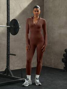 PinkTip Jumpsuit Rajut Bergaris Lengan Panjang untuk Olahraga Yoga Tanpa Jahitan, Pas di Badan, dan Menyerap Keringat, Cocok untuk Pilates dan Acara Olahraga Kasual - Coklat - View 3