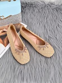 Women's Knit Mesh Slip-On Shoes, Rhinestone Tassel Decor On Toe, Foldable Soft Sole - Khaki - View 3