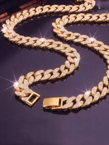 1pc 15mm Full Rhinestone Cuban Link Necklace, Men's Necklace, Suitable For Music Performance, Thick Hip-Hop Style, Suitable For Daily Wear, Party And Street Style - A - View 11