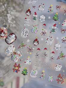 1 Sheet Christmas Nail Art Stickers, Cute Santa Hat Cat Dog Snowman Xmas Tree Designs, Winter Holiday Manicure DIY Decals Decoration - Multicolor - View 3