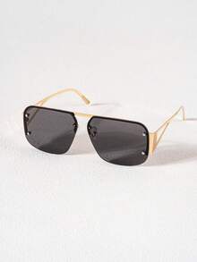 Women Rimless Square Sunglasses, Hollow Cutout Metal Temple Fashion Shades, Rivet Decor Oversized Eyewear For Beach Daily - Multicolor - View 8