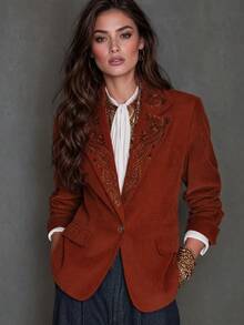 Women's Elegant Fashion Solid Color Pattern Embroidered Detail Lapel Pocket Long Sleeve Jacket, Office Daily Casual Commute Autumn Winter Christmas Halloween Outfit Blazer - Rust Orange - View 1