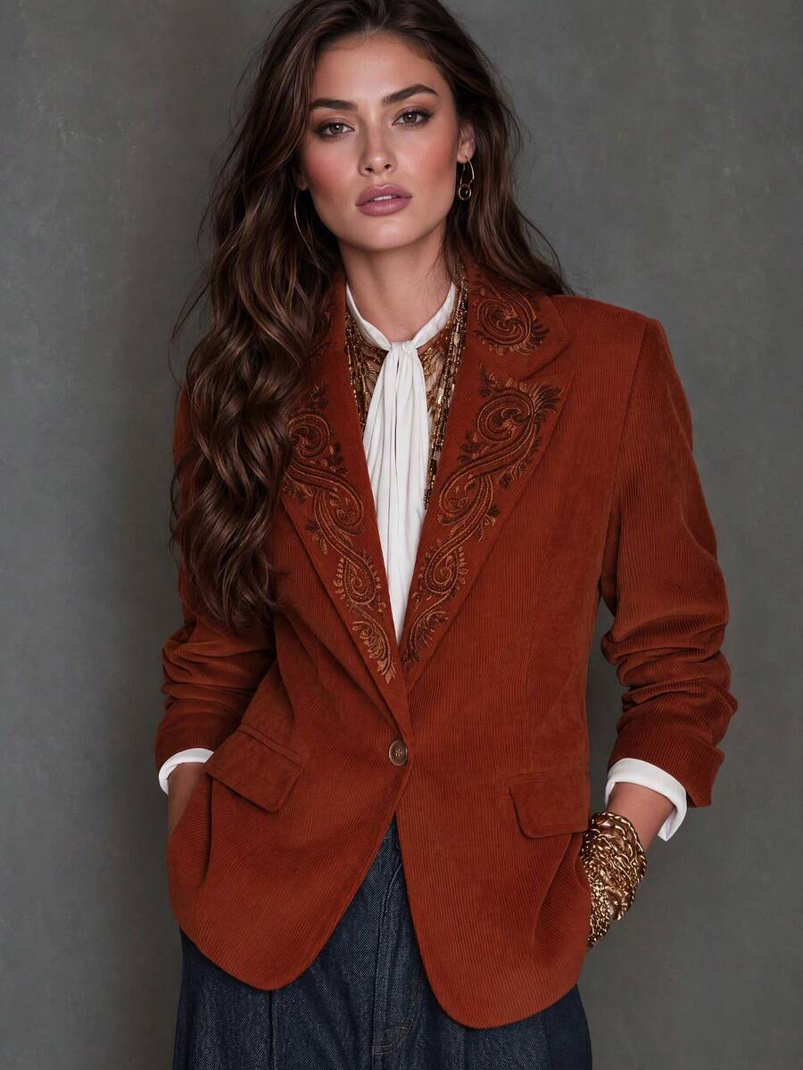 Women's Elegant Fashion Solid Color Pattern Embroidered Detail Lapel Pocket Long Sleeve Jacket, Office Daily Casual Commute Autumn Winter Christmas Halloween Outfit Blazer - Rust Orange - View 1