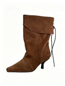 Women's Brown Suede Pointed Toe Loose Fit Ankle Boots, Back Lace-Up Stiletto Heel Western Mid-Calf Boots - Brown - View 9