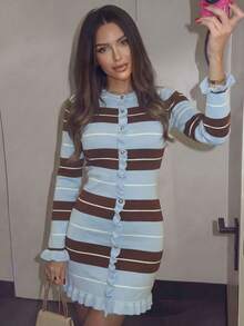 Women's Elegant Striped Ribbed Knit Dress, Slim Fit Long Sleeve Ruffle Button Sweater Dress, Suitable For Autumn/Winter Dates And Daily Wear - Blue and White - View 1