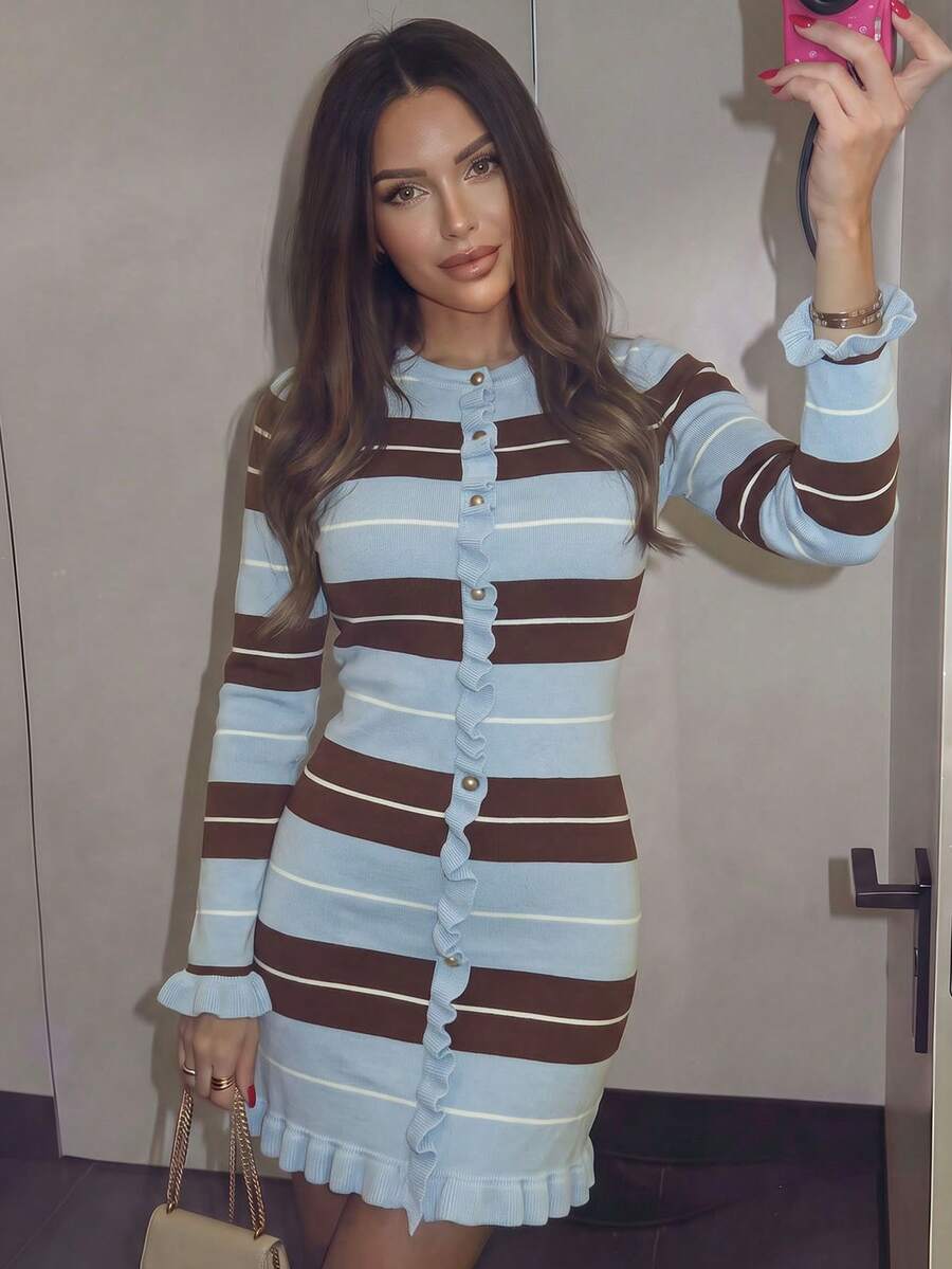 Women's Elegant Striped Ribbed Knit Dress, Slim Fit Long Sleeve Ruffle Button Sweater Dress, Suitable For Autumn/Winter Dates And Daily Wear - Blue and White - View 1