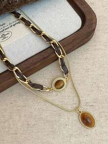 2pcs Vintage Malachite Heart & Tiger Eye Stone Tassel Necklace, Simple Sweater Chain Accessory For Women - Multicolor - View 4
