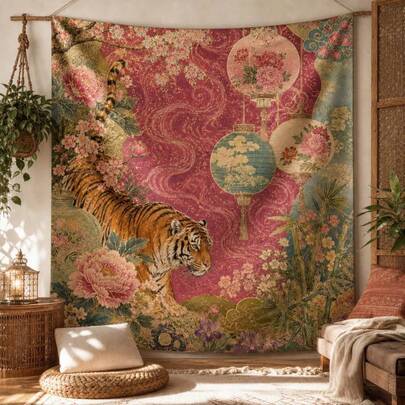 1pc Tiger Stripe Tapestry, Chinese Style Tiger Stripe Wall Decor, Vintage Asian Floral And Peony Decoration, Suitable For Bohemian Minimalist Bedroom, Dorm Room Art, Horizontal Tiger Stripe Wall Hanging
