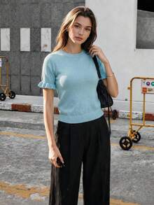 Women's Casual Yellow Round Neck Ruffle Short Sleeve Loose Fit T-Shirt, Spring/Summer Style, Suitable For Dating And Daily Wear - Baby Blue - View 5