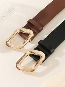 Women's Belt 2 Packs Wide Waist Belt Gold Square Mirror Buckle Brown Black For Dresses Jeans Plus Size - A - View 3