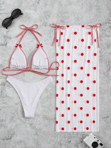 SwimNova 2026 New Sweet & Spicy Red & White Polka Dot Halter Bikini Long Dress 3 Pieces Set Beach Vacation Slimming Swimsuit - Multicolor - View 3