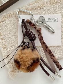 1pc Autumn/Winter Vintage Star Brown & Green Bag Charm, Leopard Print Woven Strap Retro Key Pendant Bag Accessory - Multicolor - View 4